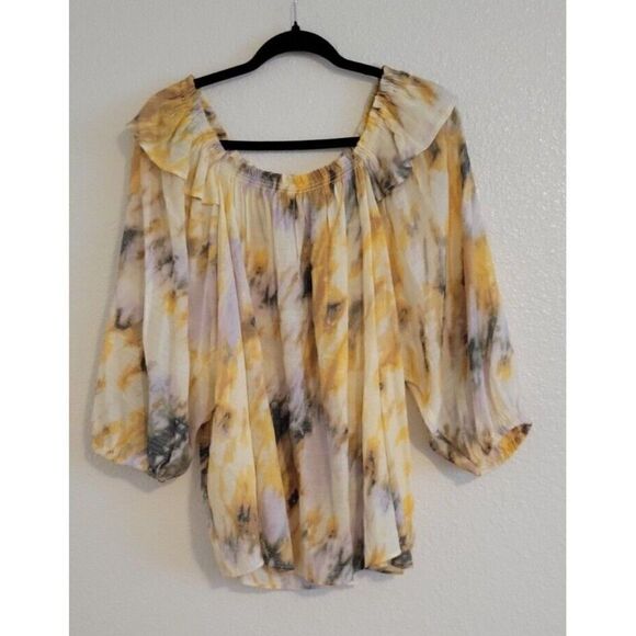 Zac and Rachel Women's Watercolor Print Ruffle 3/4 Sleeve Top Yellow Size 1X - Picture 2 of 10